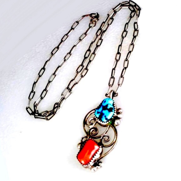 Vintage Old Pawn Santo Domingo Wire Work Turquoise Coral Sterling Necklace